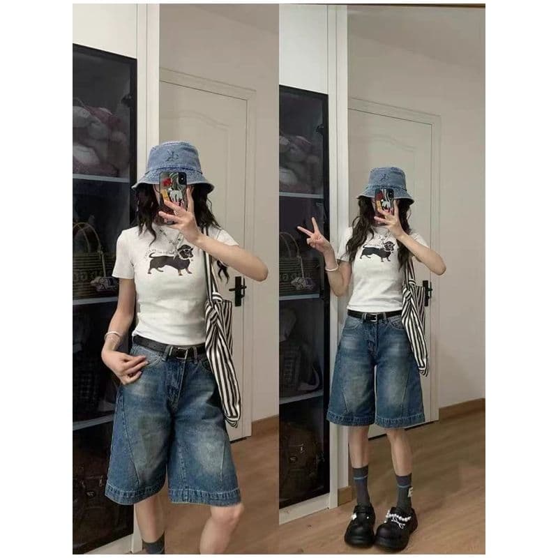 아메리칸 레트로 5 점 청바지 여성 여름 새로운 슬림해 보이는 루즈핏 반바지 하이웨이스트 도루 센스 스트레이트 넓은 다리 바지 이미지 5