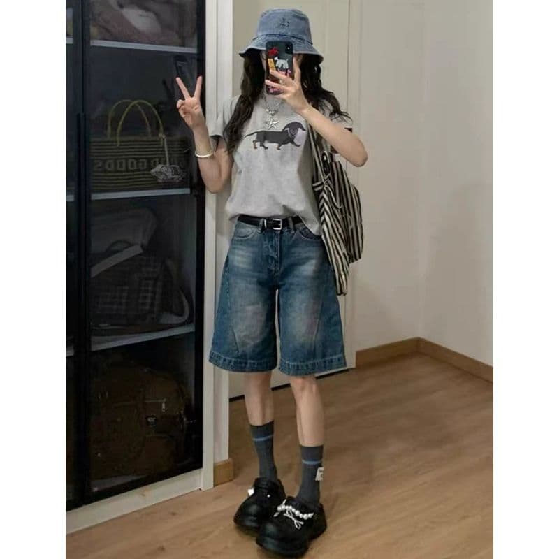 아메리칸 레트로 5 점 청바지 여성 여름 새로운 슬림해 보이는 루즈핏 반바지 하이웨이스트 도루 센스 스트레이트 넓은 다리 바지 이미지 2
