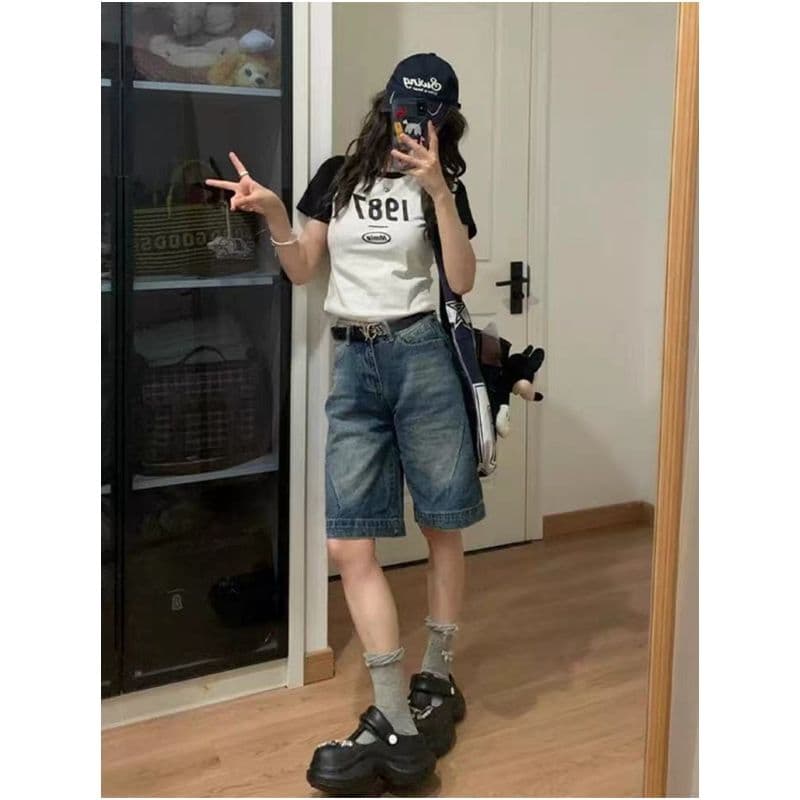 아메리칸 레트로 5 점 청바지 여성 여름 새로운 슬림해 보이는 루즈핏 반바지 하이웨이스트 도루 센스 스트레이트 넓은 다리 바지 이미지 4