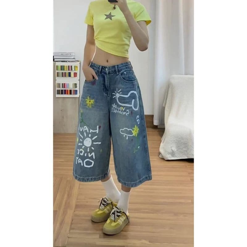 아메리칸 레트로 낙서 프린트 7 점 청바지 여성 여름 2026 새로운 하이웨이스트 슬림해 보이는 루즈핏 넓은 다리 바지