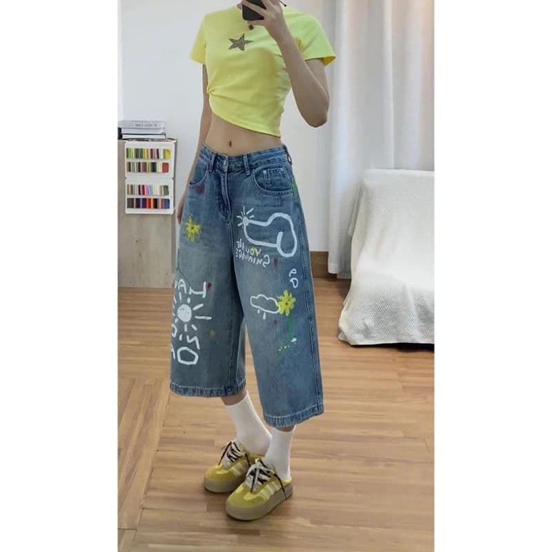 아메리칸 레트로 낙서 프린트 7 점 청바지 여성 여름 2026 새로운 하이웨이스트 슬림해 보이는 루즈핏 넓은 다리 바지 이미지 4