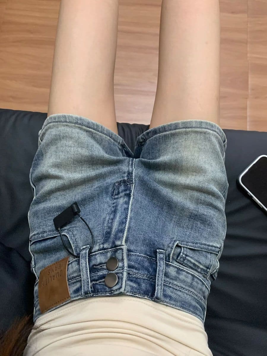 아메리칸 레트로 스트레이트 데님 반바지 여성 하이웨이스트 더블 버클 디자인 마 오래된 슬림해 보이는 넓은 다리 다용도 핫걸 뜨거운 바지 상세 이미지 8