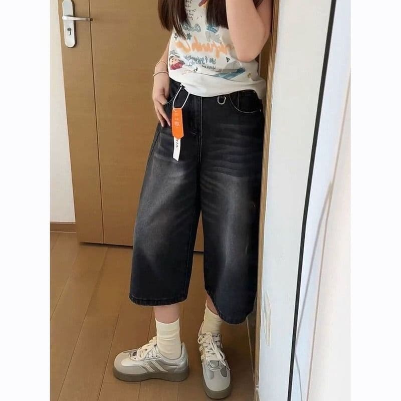 작은 키 블랙 회색 높음 거리 핫걸 레트로 스트레이트 7부 바지 청바지 여성 여름 루즈핏 슬림해 보이는 중 바지 이미지 3