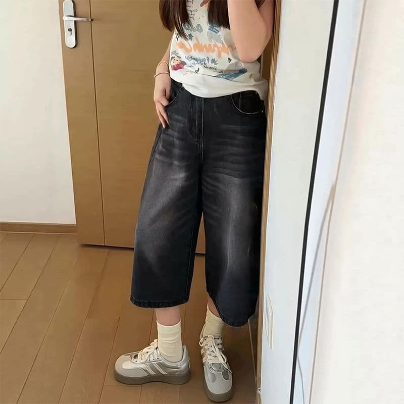 작은 키 블랙 회색 높음 거리 핫걸 레트로 스트레이트 7부 바지 청바지 여성 여름 루즈핏 슬림해 보이는 중 바지 상세 이미지 1