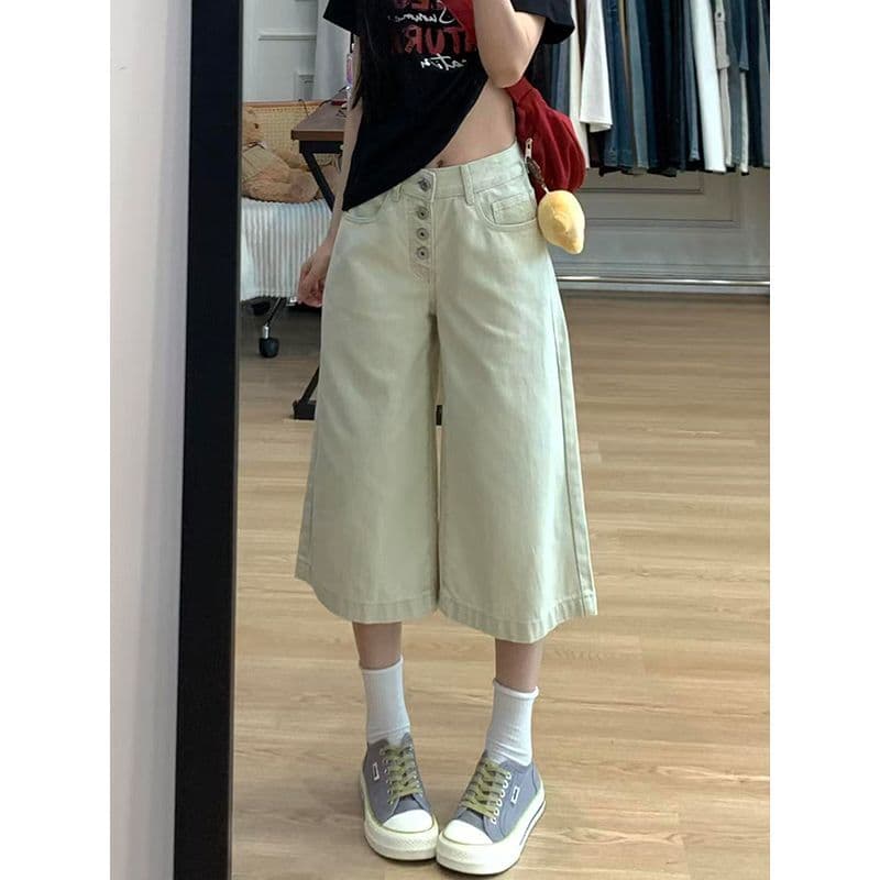 작은 키 아메리칸 높음 거리 살구 색상 데님 7부 바지 여성 2026 여름 새로운 루즈핏 슬림해 보이는 캐주얼 와이드 레그 팬츠 상세 이미지 1