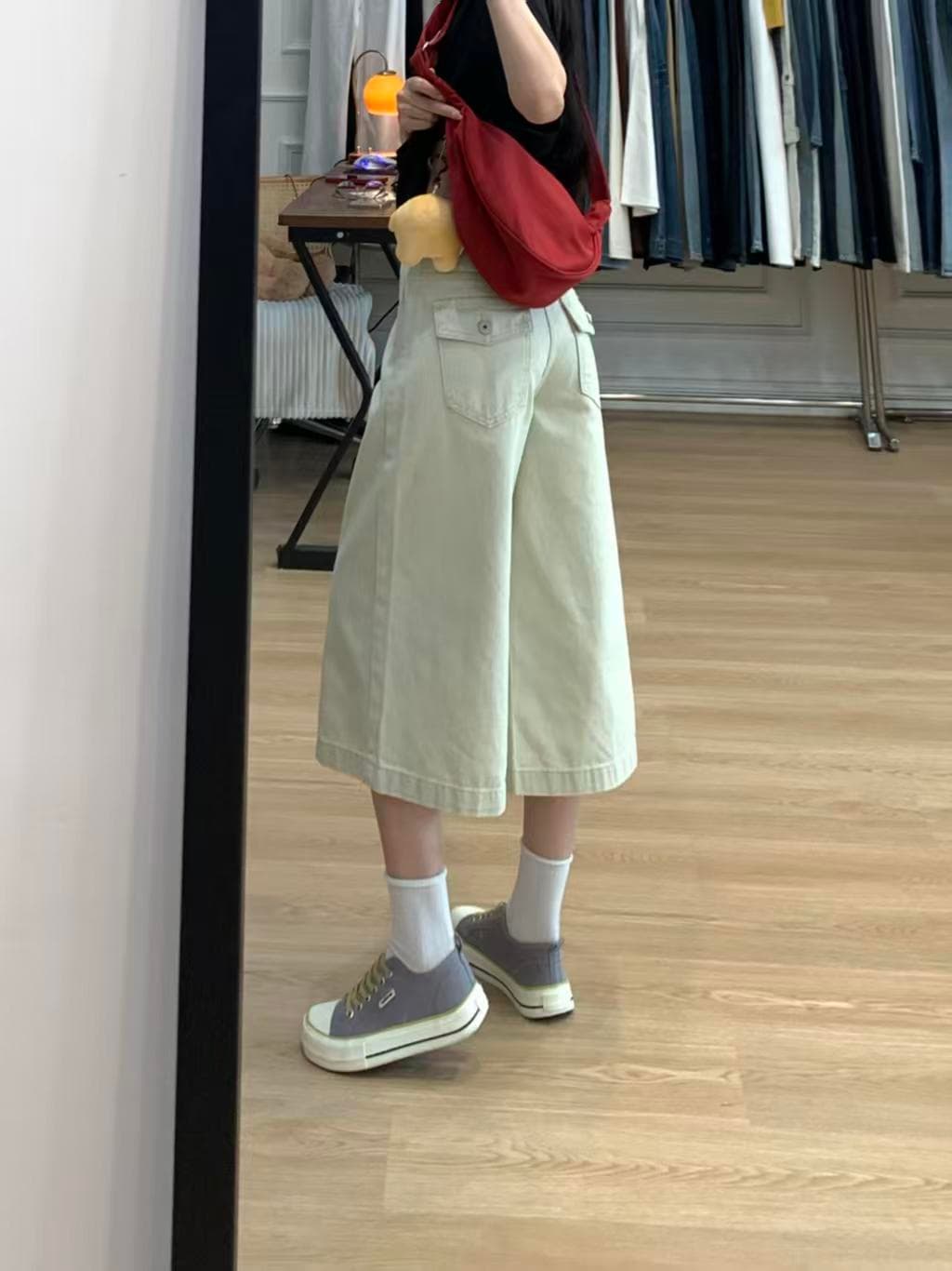 작은 키 아메리칸 높음 거리 살구 색상 데님 7부 바지 여성 2026 여름 새로운 루즈핏 슬림해 보이는 캐주얼 와이드 레그 팬츠 상세 이미지 4
