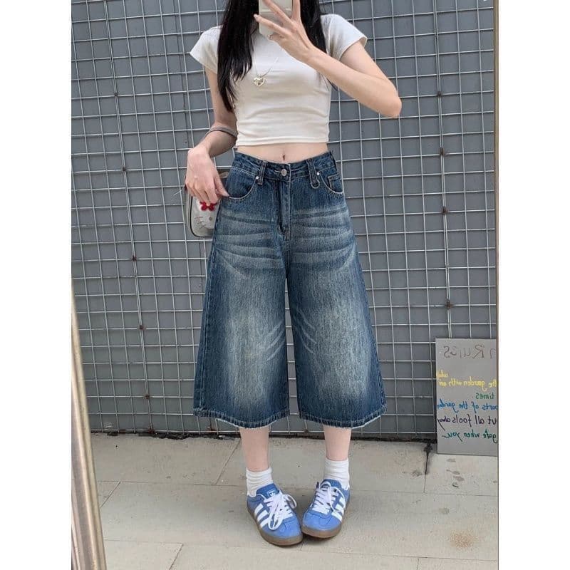 작은 키 아메리칸 높음 거리 레트로 블루 워싱 스트레이트 7 점 청바지 여성 여름 하이웨이스트 슬림해 보이는 넓은 다리 바지 상세 이미지 1