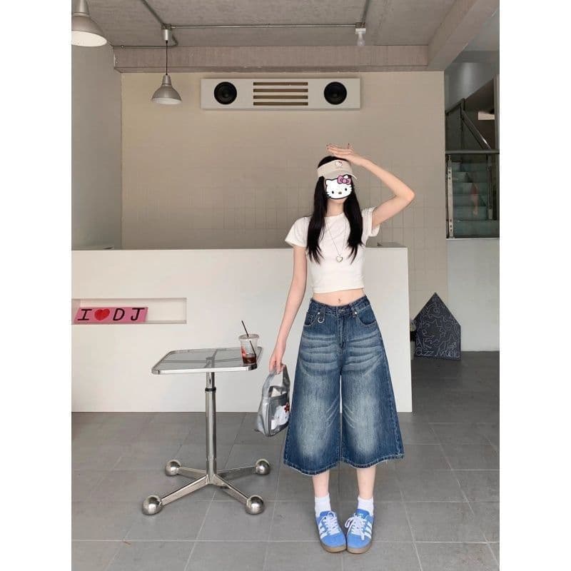 작은 키 아메리칸 높음 거리 레트로 블루 워싱 스트레이트 7 점 청바지 여성 여름 하이웨이스트 슬림해 보이는 넓은 다리 바지 상세 이미지 8