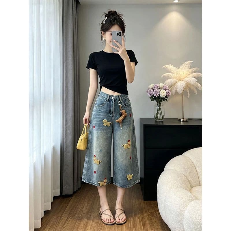 작은 키 아메리칸 레트로 재미있는 강아지 자수 7 점 청바지 여성 여름 새로운 루즈핏 넓은 다리 중 바지 이미지 5