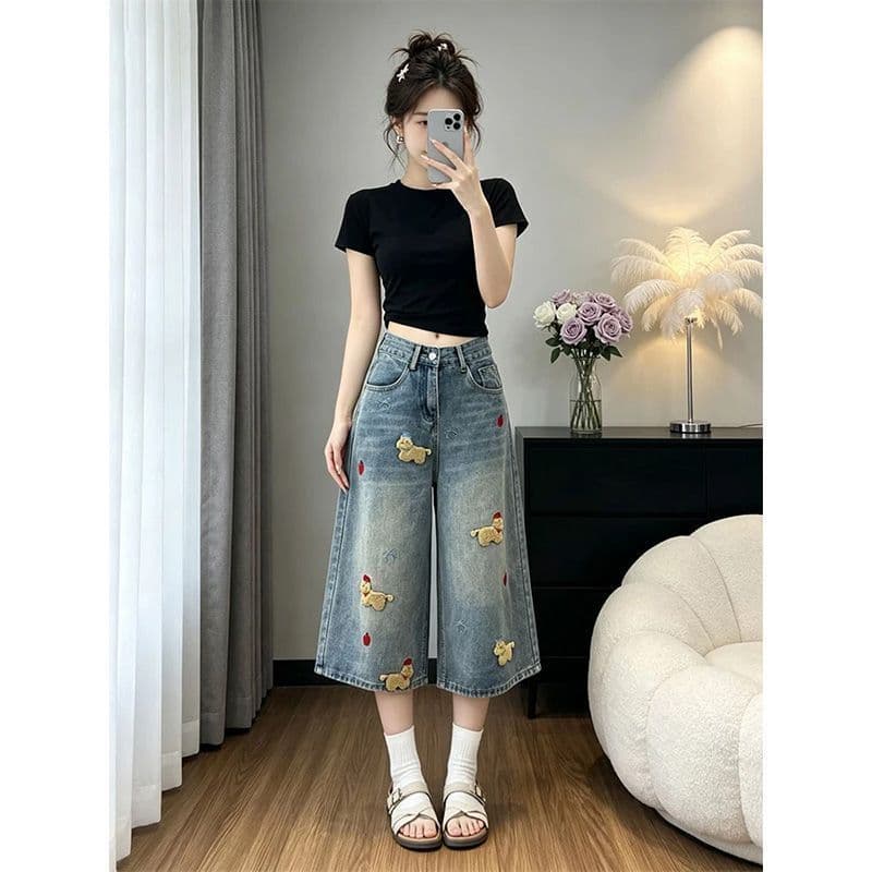 작은 키 아메리칸 레트로 재미있는 강아지 자수 7 점 청바지 여성 여름 새로운 루즈핏 넓은 다리 중 바지 상세 이미지 3