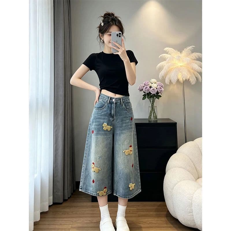 작은 키 아메리칸 레트로 재미있는 강아지 자수 7 점 청바지 여성 여름 새로운 루즈핏 넓은 다리 중 바지 상세 이미지 4