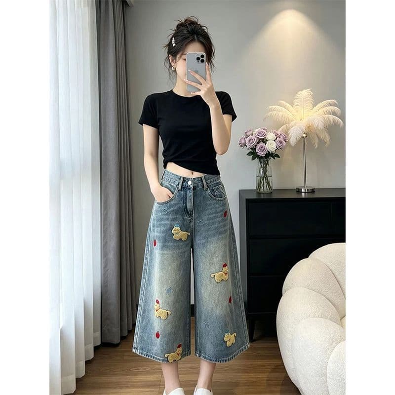 작은 키 아메리칸 레트로 재미있는 강아지 자수 7 점 청바지 여성 여름 새로운 루즈핏 넓은 다리 중 바지 상세 이미지 5