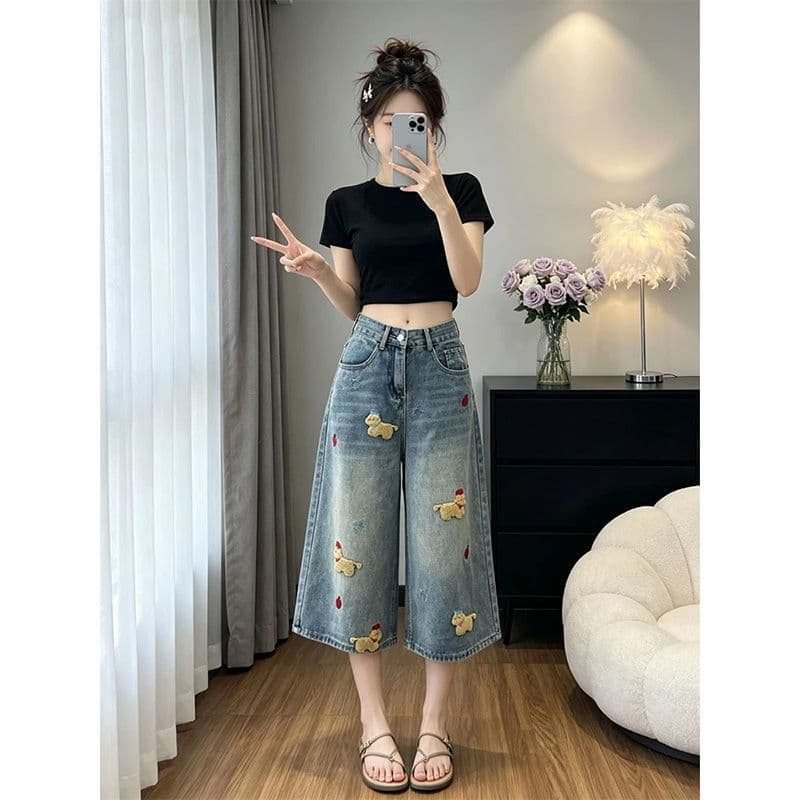 작은 키 아메리칸 레트로 재미있는 강아지 자수 7 점 청바지 여성 여름 새로운 루즈핏 넓은 다리 중 바지 상세 이미지 7