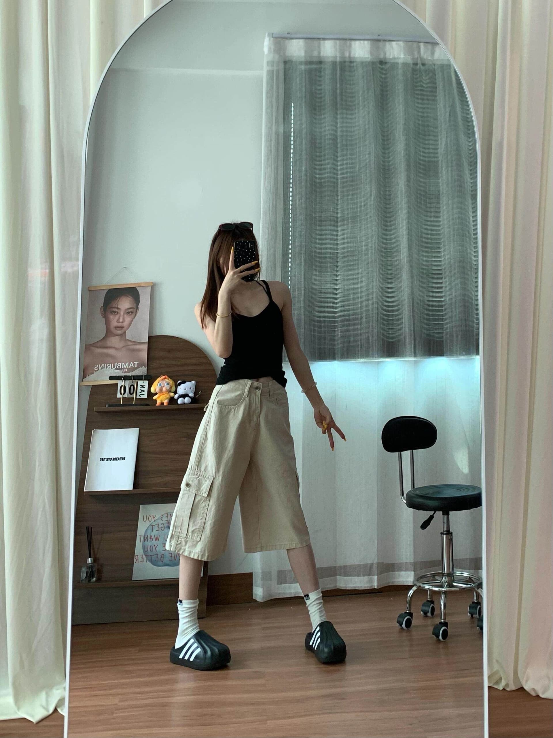 얕은 살구 색상 캐주얼 워크웨어 데님 7부 바지 여성 여름 새로운 하이웨이스트 슬림해 보이는 바이두 디자인 센스 데님 반바지 상세 이미지 8