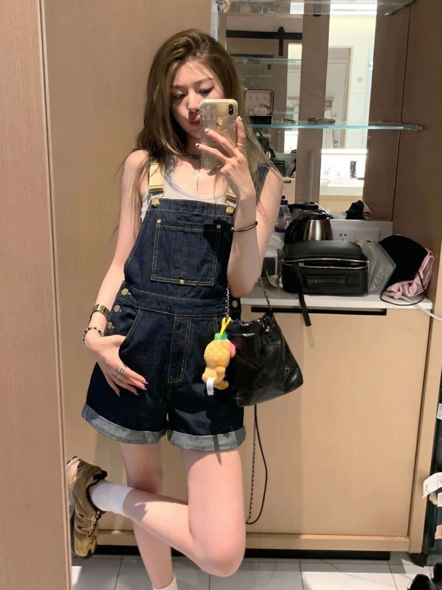 아메리칸 레트로 데님 멜빵 바지 여성 여름 얇은 스타일 작은 키 루즈핏 슬림해 보이는 연령 감소 학생 하이웨이스트 올인원 반바지 이미지 3