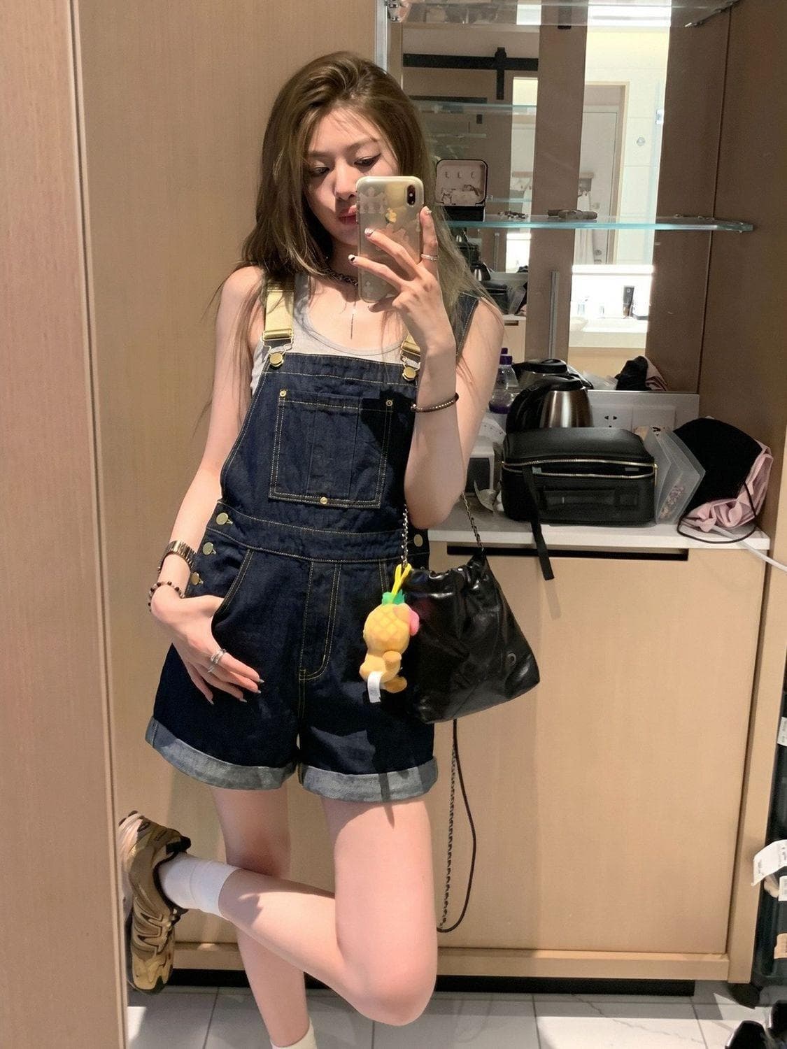 아메리칸 레트로 데님 멜빵 바지 여성 여름 얇은 스타일 작은 키 루즈핏 슬림해 보이는 연령 감소 학생 하이웨이스트 올인원 반바지 상세 이미지 6
