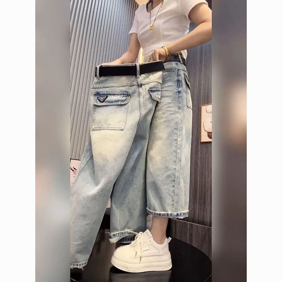 패션 새로운 빅 사이즈 워싱 청바지 여성 배 종류 몸 작은 키 외국 가스 착용 가져 가라. 루즈핏 표지 고기 와이드 레그 팬츠 상세 이미지 1