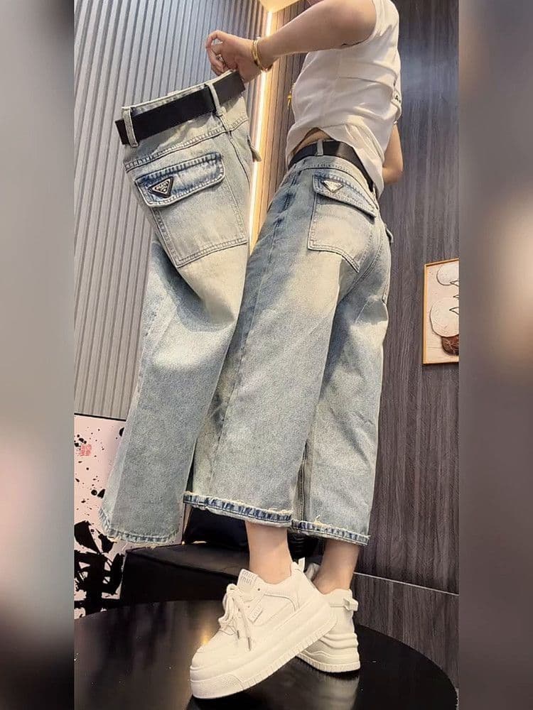 패션 새로운 빅 사이즈 워싱 청바지 여성 배 종류 몸 작은 키 외국 가스 착용 가져 가라. 루즈핏 표지 고기 와이드 레그 팬츠 상세 이미지 6