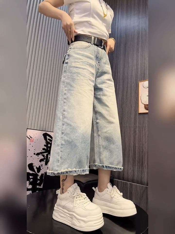 패션 새로운 빅 사이즈 워싱 청바지 여성 배 종류 몸 작은 키 외국 가스 착용 가져 가라. 루즈핏 표지 고기 와이드 레그 팬츠 상세 이미지 8