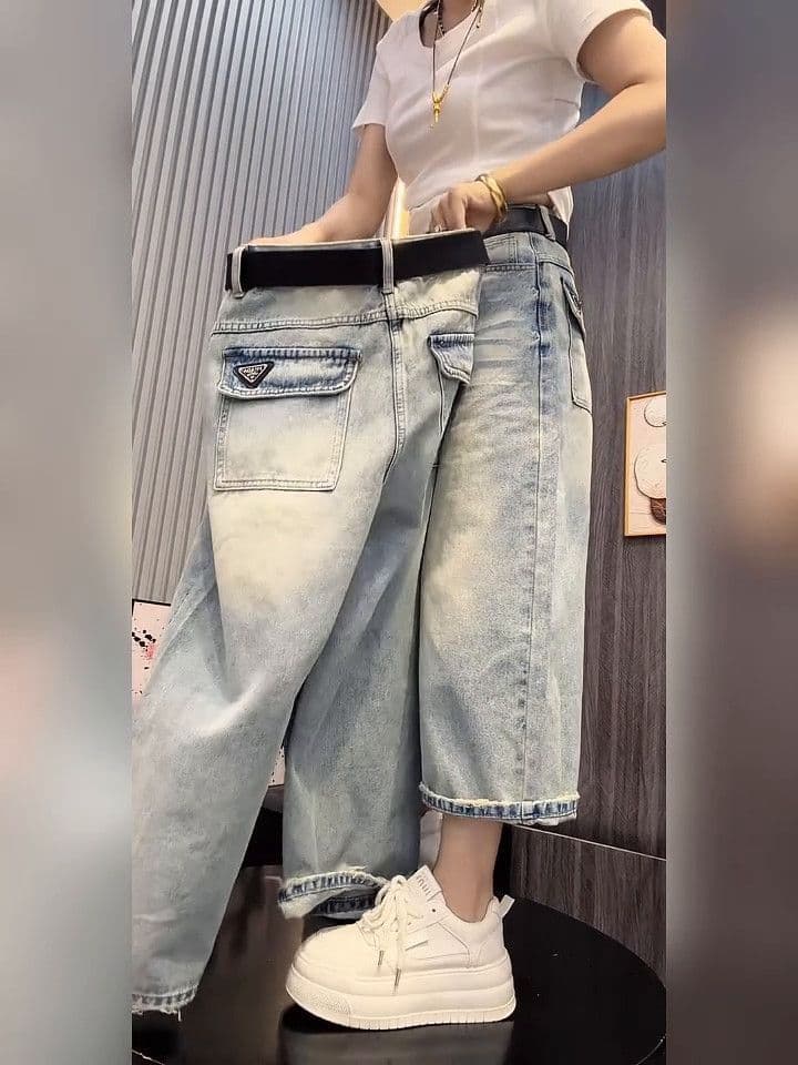 패션 새로운 빅 사이즈 워싱 청바지 여성 배 종류 몸 작은 키 외국 가스 착용 가져 가라. 루즈핏 표지 고기 와이드 레그 팬츠 상세 이미지 9