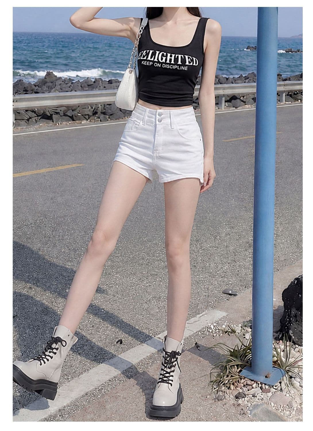 아메리칸 핫걸 바람 카키 색 더블 버클 데님 반바지 여성 여름 하이웨이스트 슬림해 보이는 불규칙 측면 신축성 몸매 가꾸기 핫 바지 상세 이미지 15
