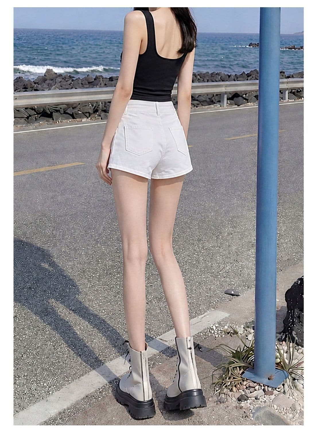 아메리칸 핫걸 바람 카키 색 더블 버클 데님 반바지 여성 여름 하이웨이스트 슬림해 보이는 불규칙 측면 신축성 몸매 가꾸기 핫 바지 상세 이미지 17