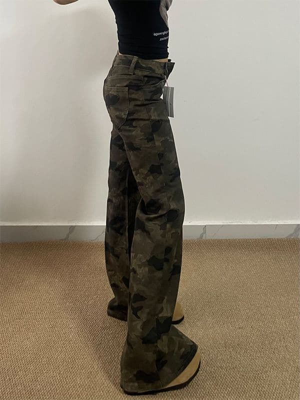 아메리칸 느슨함 센스 마이크로 나팔 카모플라주 청바지 여성 여름 새로운 개성 출퇴근 슬림해 보이는 스트레이트 바닥 청소 바지 상세 이미지 6