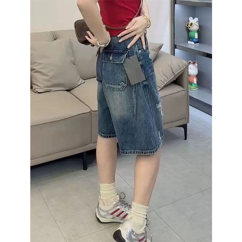 아메리칸 레트로 찢어진 부분 하이웨이스트 5 점 데님 반바지 여성 2026 여름 루즈핏 슬림해 보이는 캐주얼 넓은 다리 중 바지 이미지 3