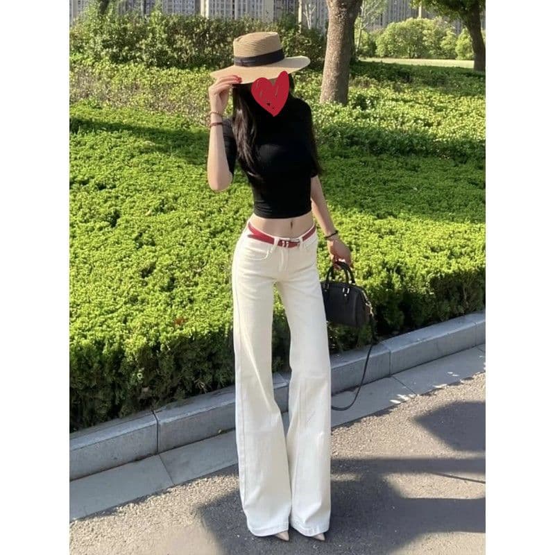아메리칸 화이트 2026 청바지 여름 새로운 중간 허리 넓은 다리 외국 가스 여성 루즈핏 도루 센스 스트레이트 바닥 청소 바지 이미지 2