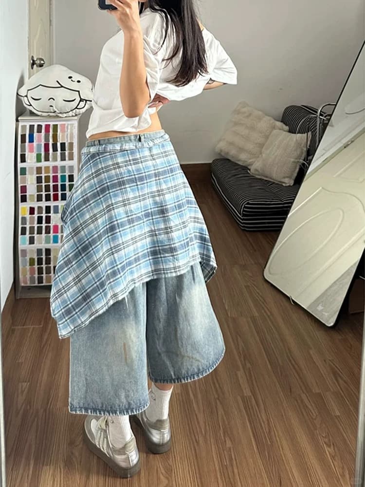 아메리칸 레트로 체크무늬 방귀 커튼 7 점 청바지 여성 여름 8 점 바지 하이웨이스트 넓은 다리 스트레이트 벽오동 반바지 이미지 3