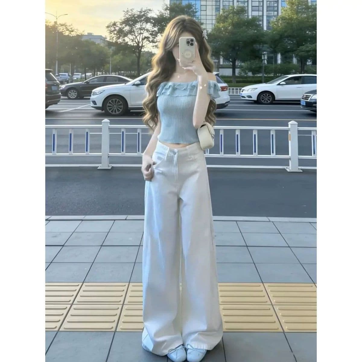외국 가스 핫걸 워싱 하이웨이스트 미니멀리즘 2026 화이트 넓은 다리 아메리칸 청바지 여성 핫걸 도루 센스 바닥 청소 긴 바지 상세 이미지 5