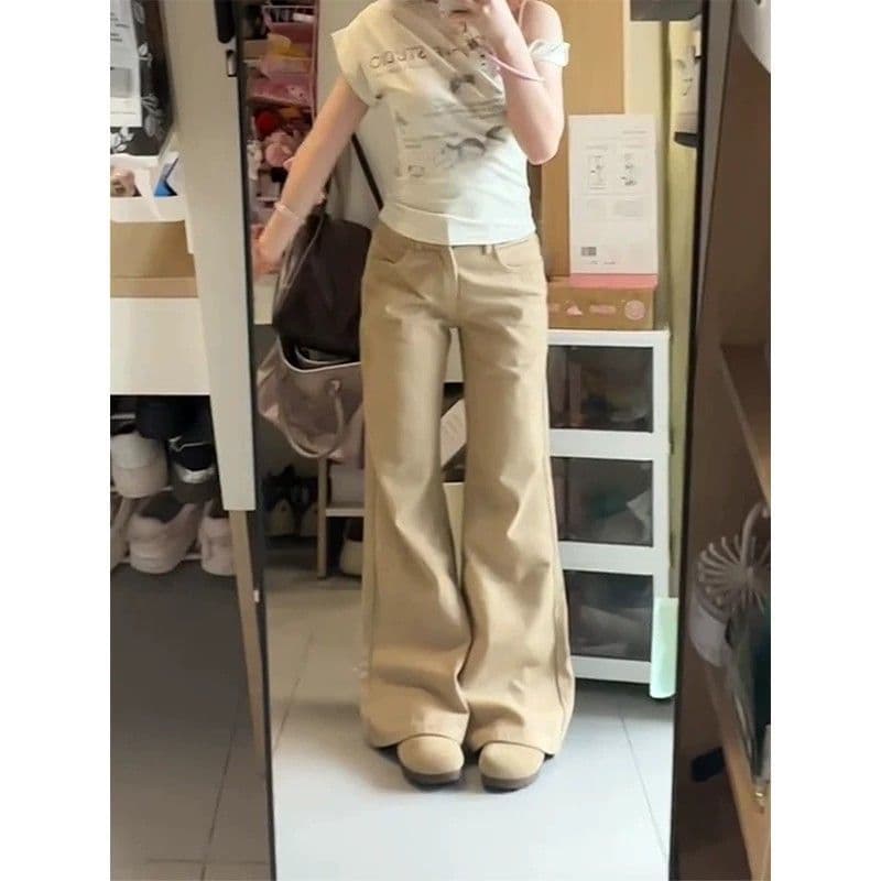 한 부서 높음 거리 카키 색 마이크로 플레어 바지 아메리칸 레트로 자르기 봄 여름 새로운 몸매 가꾸기 품격 데님 긴 바지 이미지 3