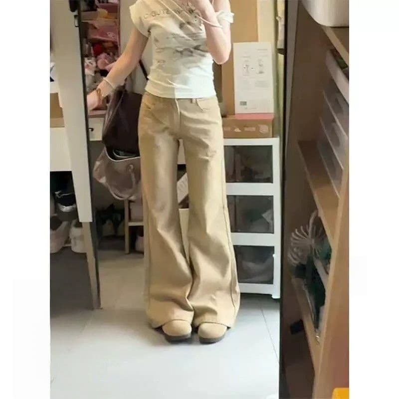 한 부서 높음 거리 카키 색 마이크로 플레어 바지 아메리칸 레트로 자르기 봄 여름 새로운 몸매 가꾸기 품격 데님 긴 바지 상세 이미지 4