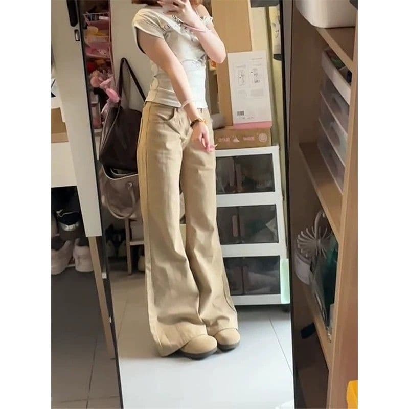 한 부서 높음 거리 카키 색 마이크로 플레어 바지 아메리칸 레트로 자르기 봄 여름 새로운 몸매 가꾸기 품격 데님 긴 바지 상세 이미지 6