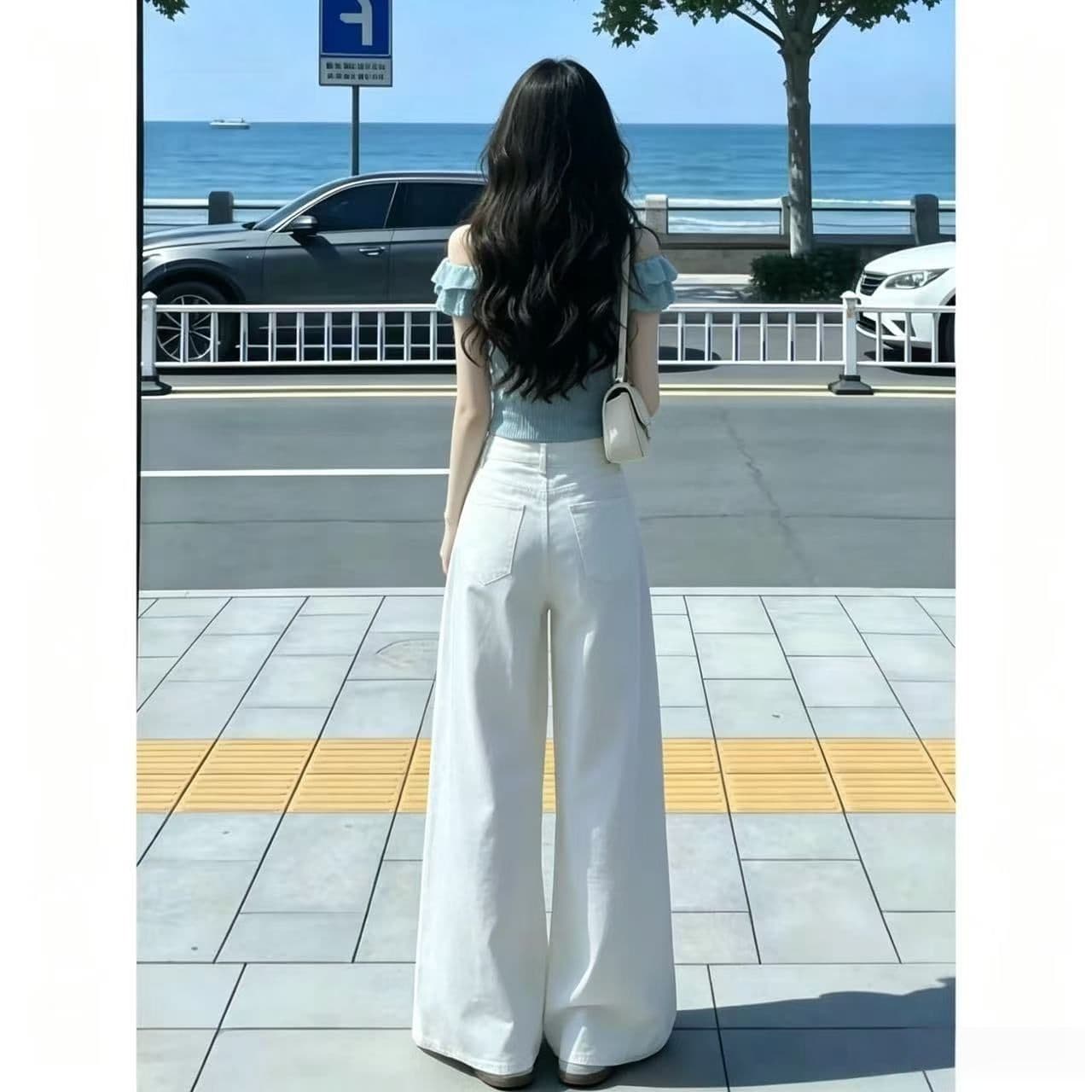 한 부서 화이트 하이웨이스트 모통이 칼 넓은 다리 디자인 청바지 여성 여름 다용도 패션 도루 센스 바닥 청소 긴 바지 vibe 이미지 2