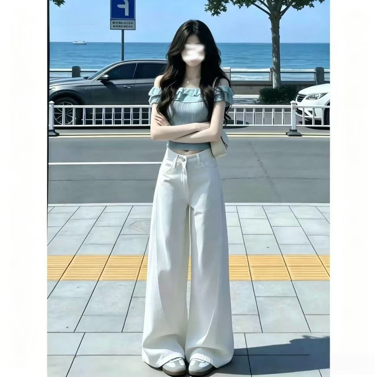 한 부서 화이트 하이웨이스트 모통이 칼 넓은 다리 디자인 청바지 여성 여름 다용도 패션 도루 센스 바닥 청소 긴 바지 vibe