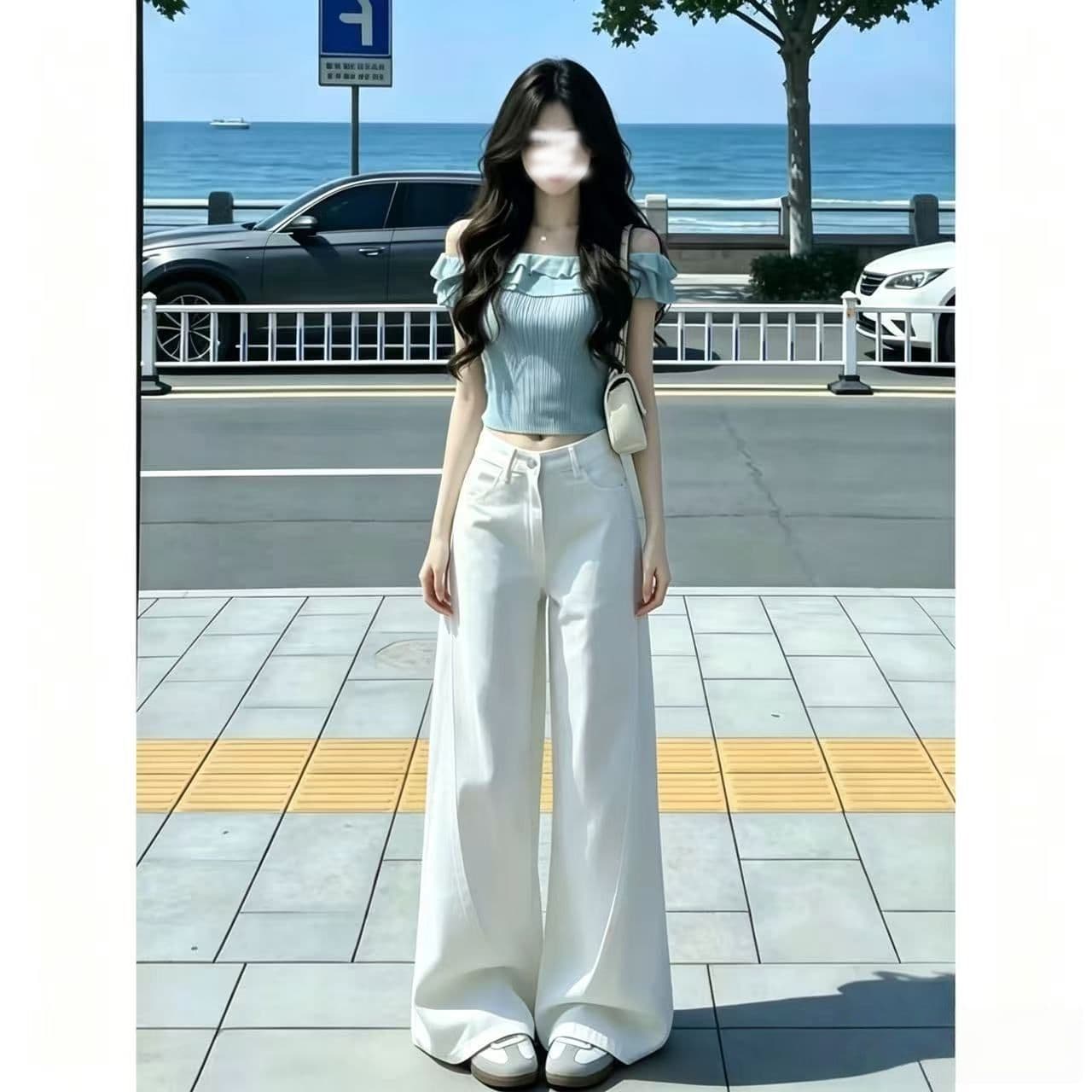 한 부서 화이트 하이웨이스트 모통이 칼 넓은 다리 디자인 청바지 여성 여름 다용도 패션 도루 센스 바닥 청소 긴 바지 vibe 이미지 3