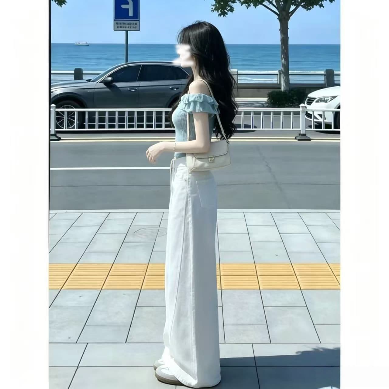 한 부서 화이트 하이웨이스트 모통이 칼 넓은 다리 디자인 청바지 여성 여름 다용도 패션 도루 센스 바닥 청소 긴 바지 vibe 상세 이미지 5