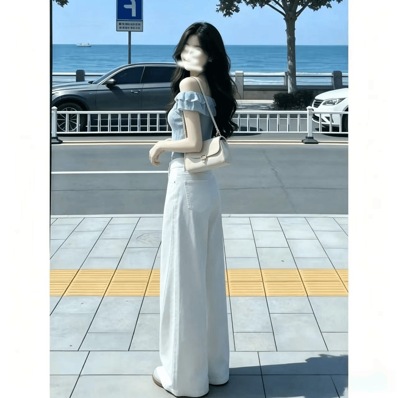 한 부서 화이트 하이웨이스트 모통이 칼 넓은 다리 디자인 청바지 여성 여름 다용도 패션 도루 센스 바닥 청소 긴 바지 vibe 상세 이미지 8