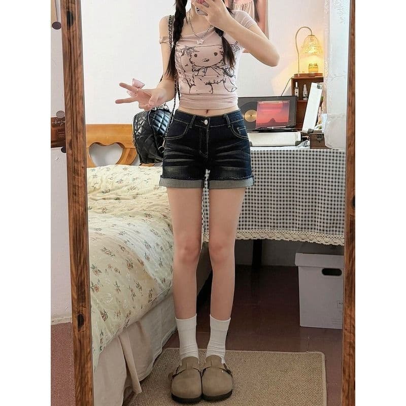 작은 키 핫걸 하이웨이스트 스트레이트 핫 바지 청바지 여성 여름 진한 파란색 높음 거리 디자인 센스 볼륨 측면 짧은 바지 상세 이미지 4