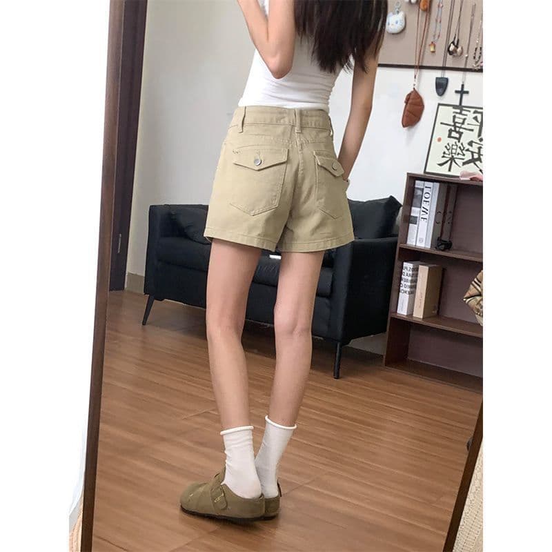 작은 키 카키 색 워싱 디자인 스트레이트 데님 반바지 여성 여름 이후 주머니 플립 커버 하이웨이스트 루즈핏 핫 바지