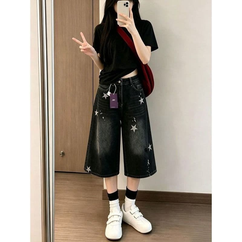작은 키 블랙 회색 별 프린트 찢어진 스트레이트 데님 반바지 여성 여름 캐주얼 루즈핏 7 점 중 바지 이미지 2