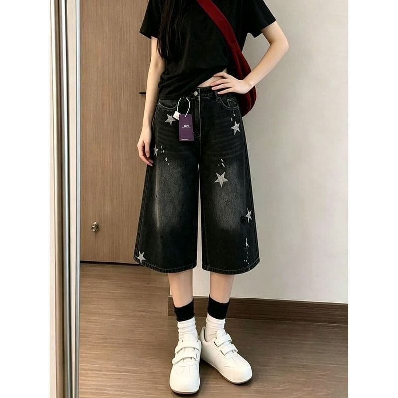 작은 키 블랙 회색 별 프린트 찢어진 스트레이트 데님 반바지 여성 여름 캐주얼 루즈핏 7 점 중 바지 이미지 3