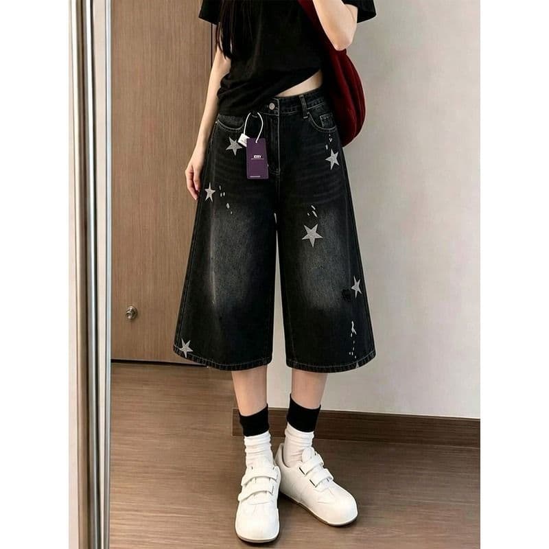 작은 키 블랙 회색 별 프린트 찢어진 스트레이트 데님 반바지 여성 여름 캐주얼 루즈핏 7 점 중 바지 이미지 5