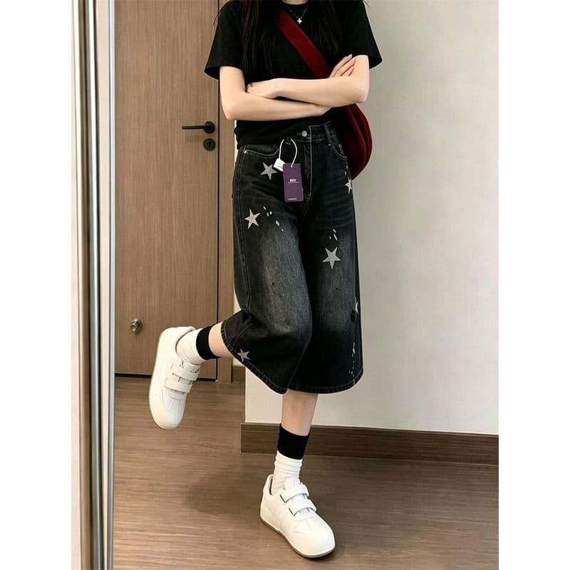 작은 키 블랙 회색 별 프린트 찢어진 스트레이트 데님 반바지 여성 여름 캐주얼 루즈핏 7 점 중 바지 이미지 4