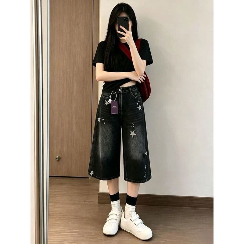 작은 키 블랙 회색 별 프린트 찢어진 스트레이트 데님 반바지 여성 여름 캐주얼 루즈핏 7 점 중 바지 상세 이미지 1