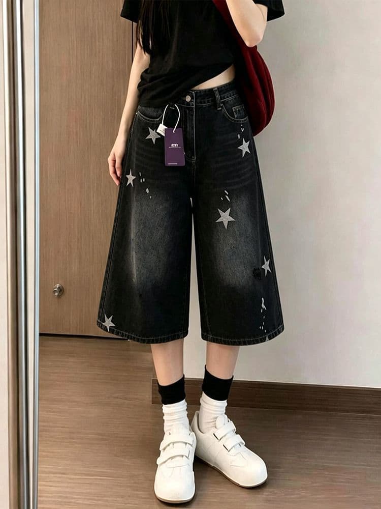 작은 키 블랙 회색 별 프린트 찢어진 스트레이트 데님 반바지 여성 여름 캐주얼 루즈핏 7 점 중 바지 상세 이미지 6