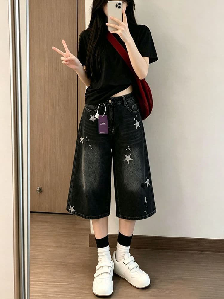 작은 키 블랙 회색 별 프린트 찢어진 스트레이트 데님 반바지 여성 여름 캐주얼 루즈핏 7 점 중 바지 상세 이미지 7