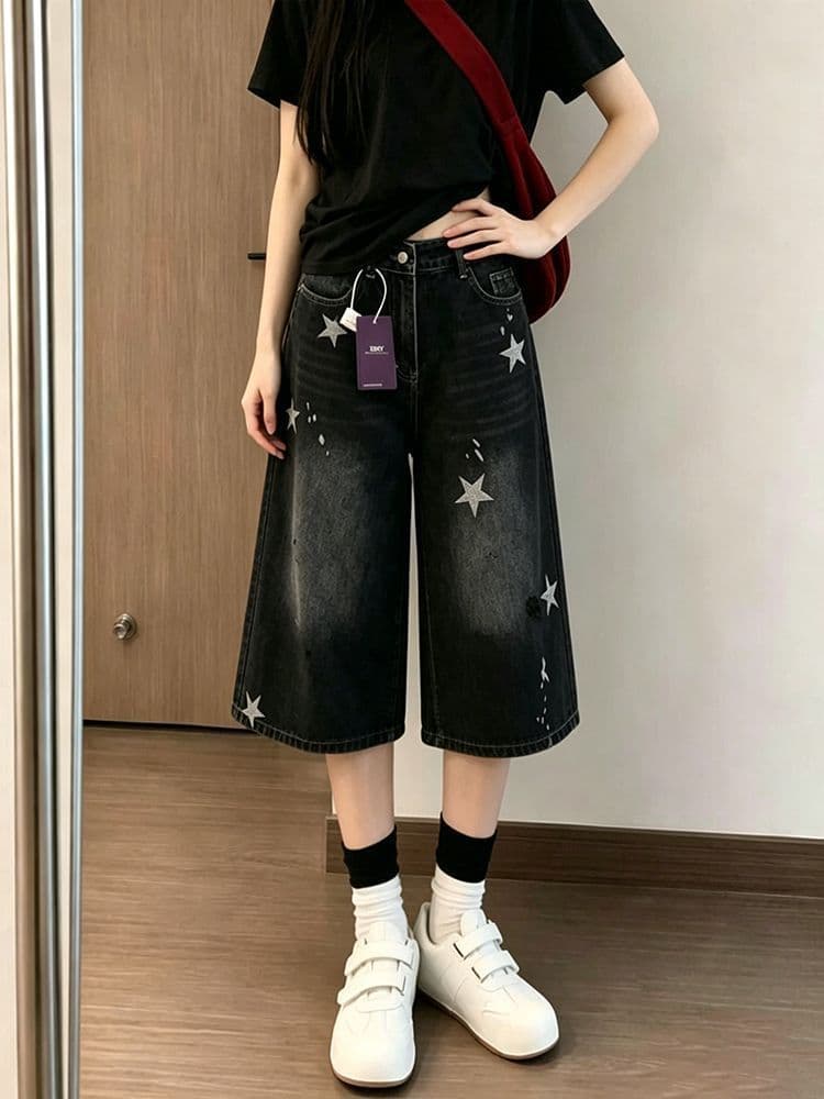 작은 키 블랙 회색 별 프린트 찢어진 스트레이트 데님 반바지 여성 여름 캐주얼 루즈핏 7 점 중 바지 상세 이미지 8