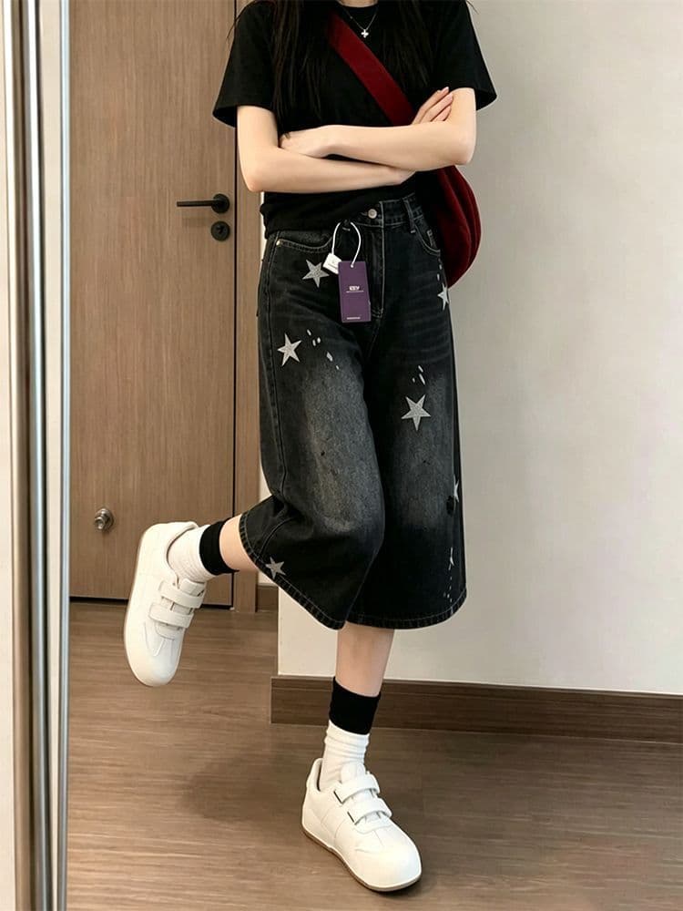 작은 키 블랙 회색 별 프린트 찢어진 스트레이트 데님 반바지 여성 여름 캐주얼 루즈핏 7 점 중 바지 상세 이미지 9